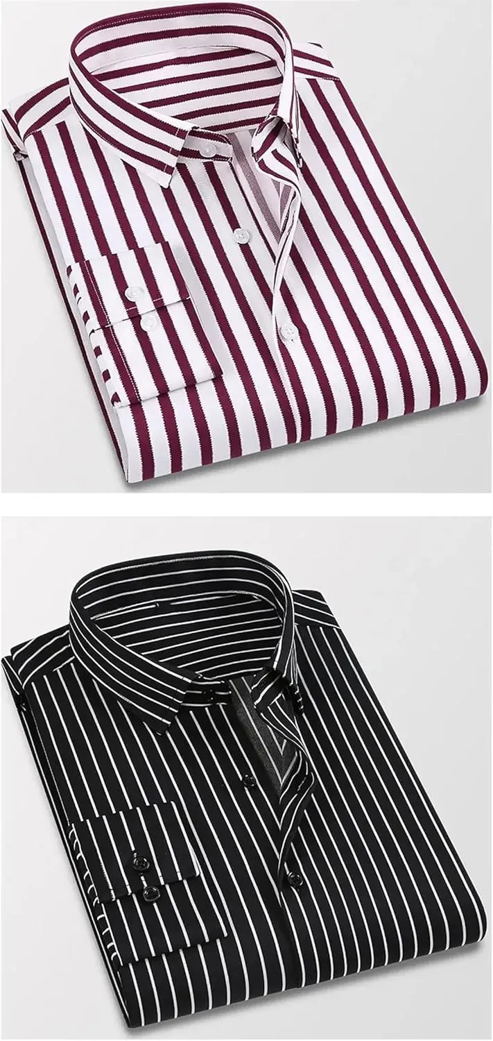 Pegsmio Men Dress Shirt Long Sleeve Striped Business Office Shirt Slim Fit Streetwear