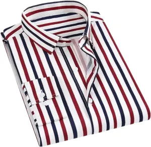 Pegsmio Men Dress Shirt Long Sleeve Striped Business Office Shirt Slim Fit Streetwear