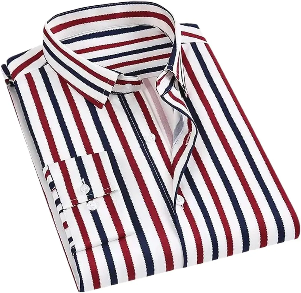 Pegsmio Men Dress Shirt Long Sleeve Striped Business Office Shirt Slim Fit Streetwear