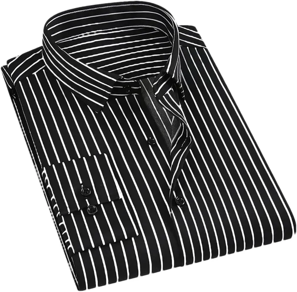 Pegsmio Men Dress Shirt Long Sleeve Striped Business Office Shirt Slim Fit Streetwear
