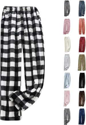 PETYCZEN Womens Flannel Pajama Pants Winter Fuzzy Plaid Pj Pants Casual Elastic Waist Lounge Pants Drawstring Comfy Sleepwear
