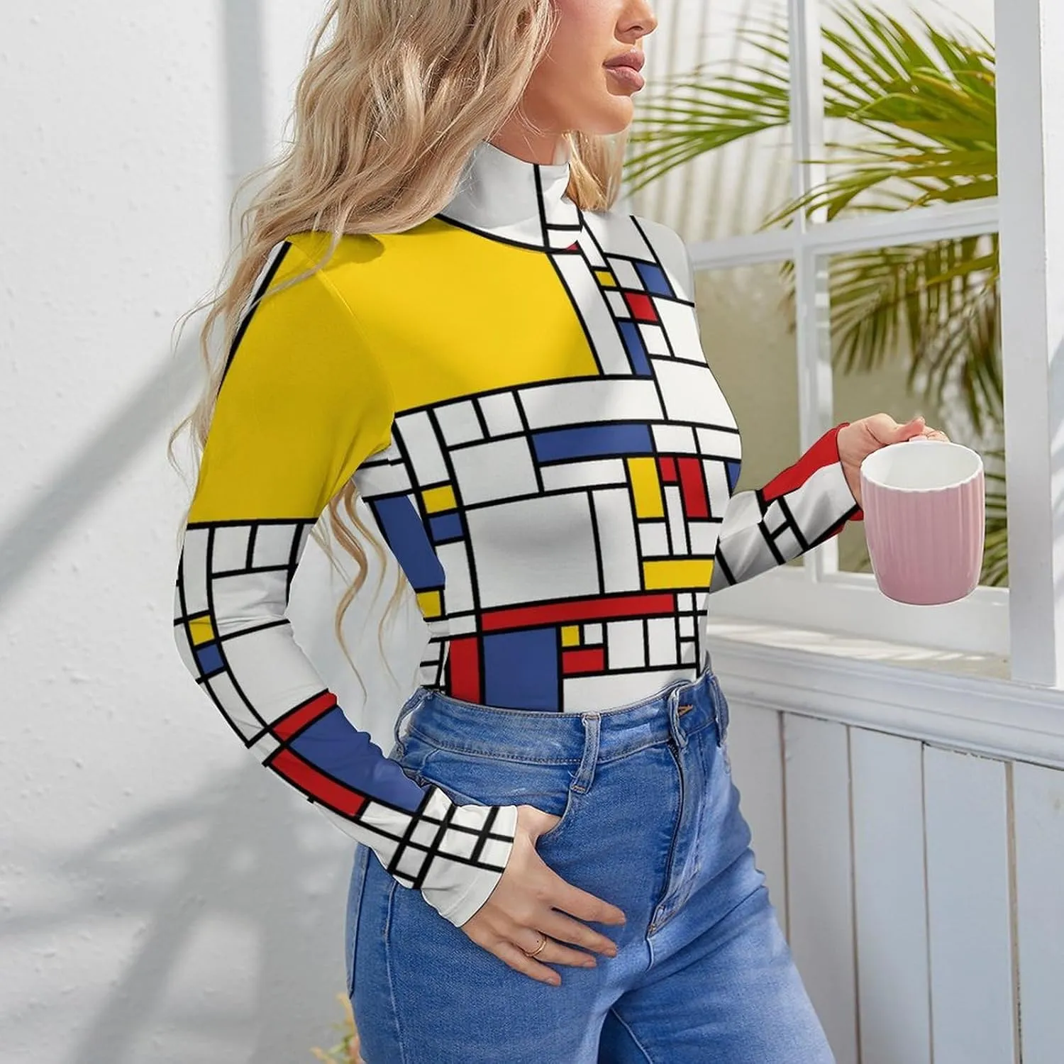 Piet Mondrian Women's Bodysuit Tops Turtle Neck Long Sleeve Jumpsuit Print T Shirt