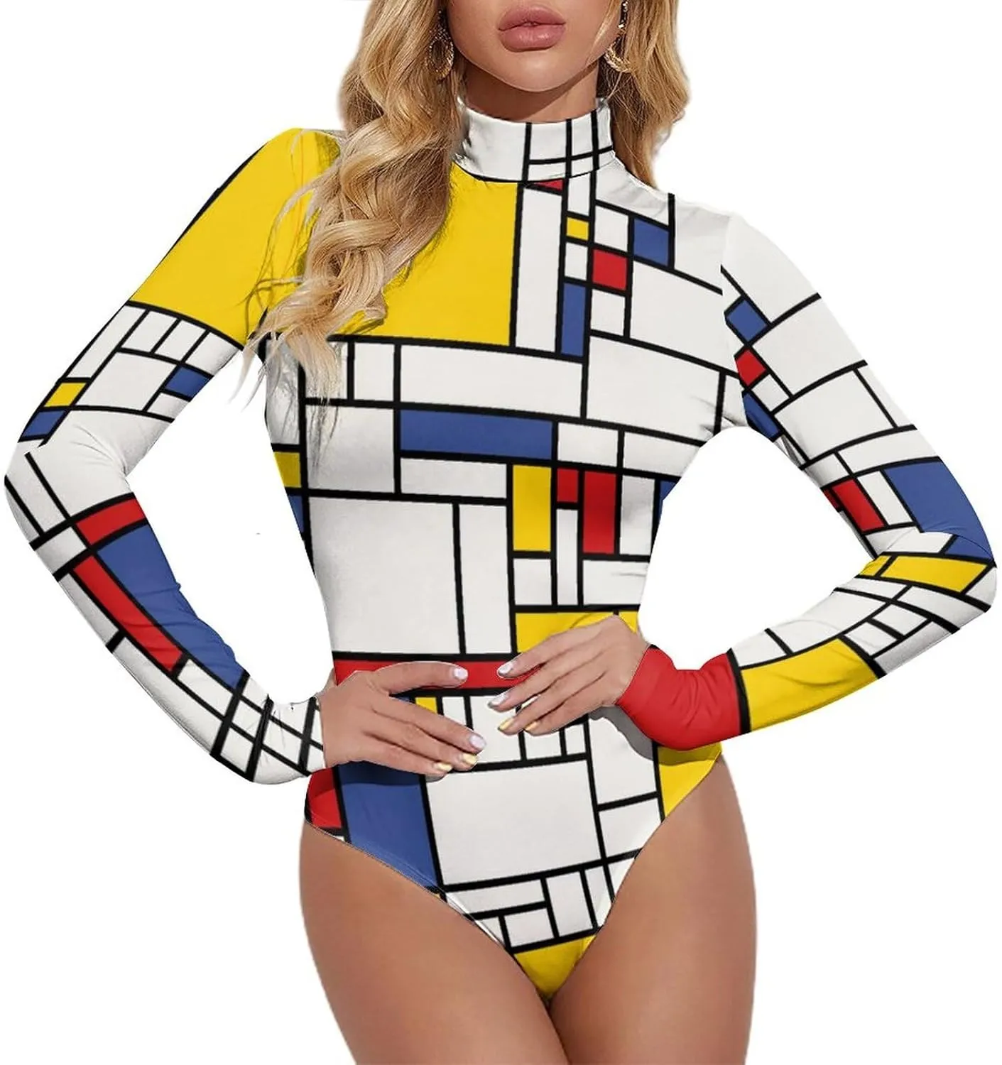Piet Mondrian Women's Bodysuit Tops Turtle Neck Long Sleeve Jumpsuit Print T Shirt