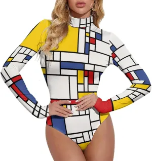 Piet Mondrian Women's Bodysuit Tops Turtle Neck Long Sleeve Jumpsuit Print T Shirt