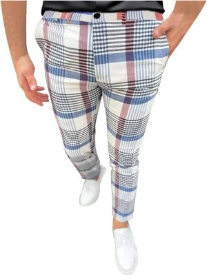 Plaid Print Mens Dress Pants Slim Fit Dress Pants Stretch Skinny Golf Pants Casual Fashion Chino Casual Pants