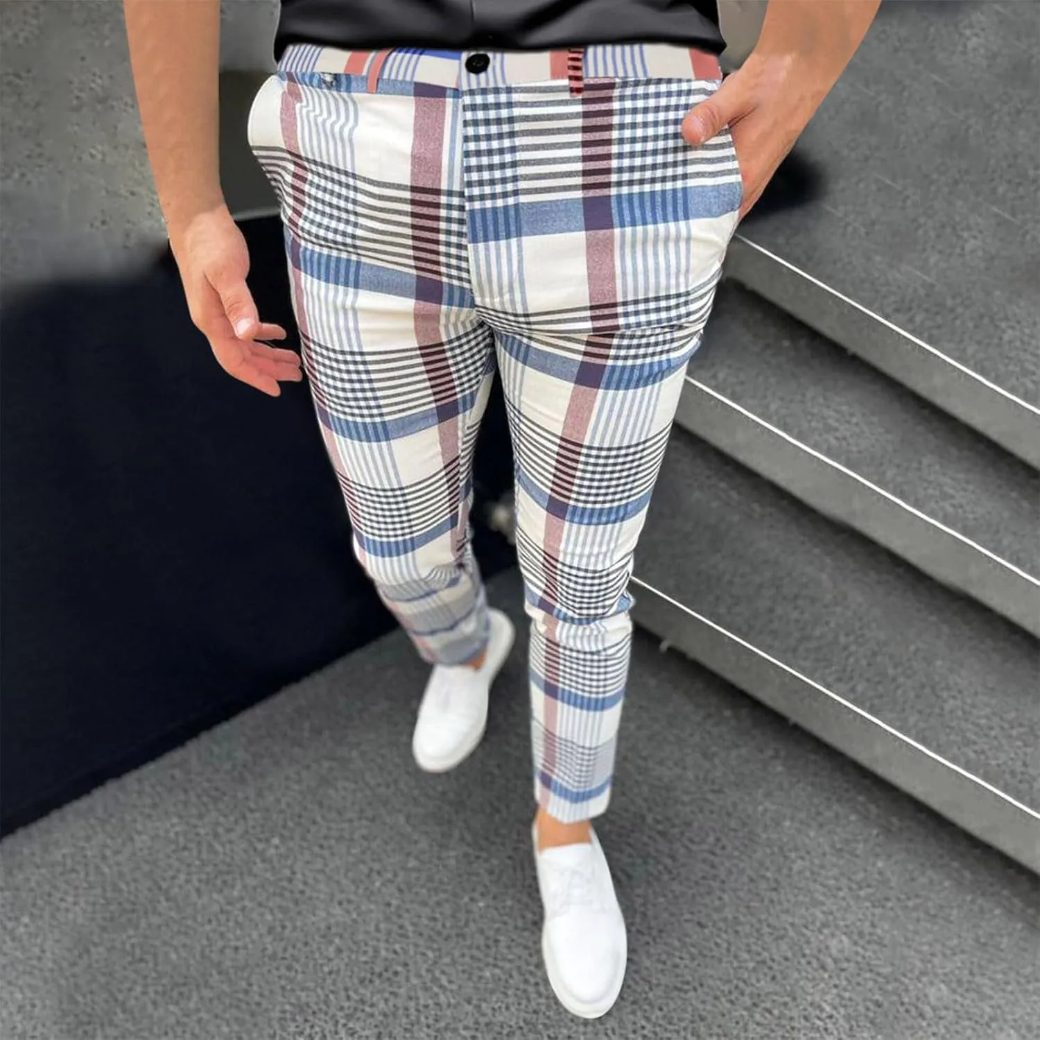 Plaid Print Mens Dress Pants Slim Fit Dress Pants Stretch Skinny Golf Pants Casual Fashion Chino Casual Pants