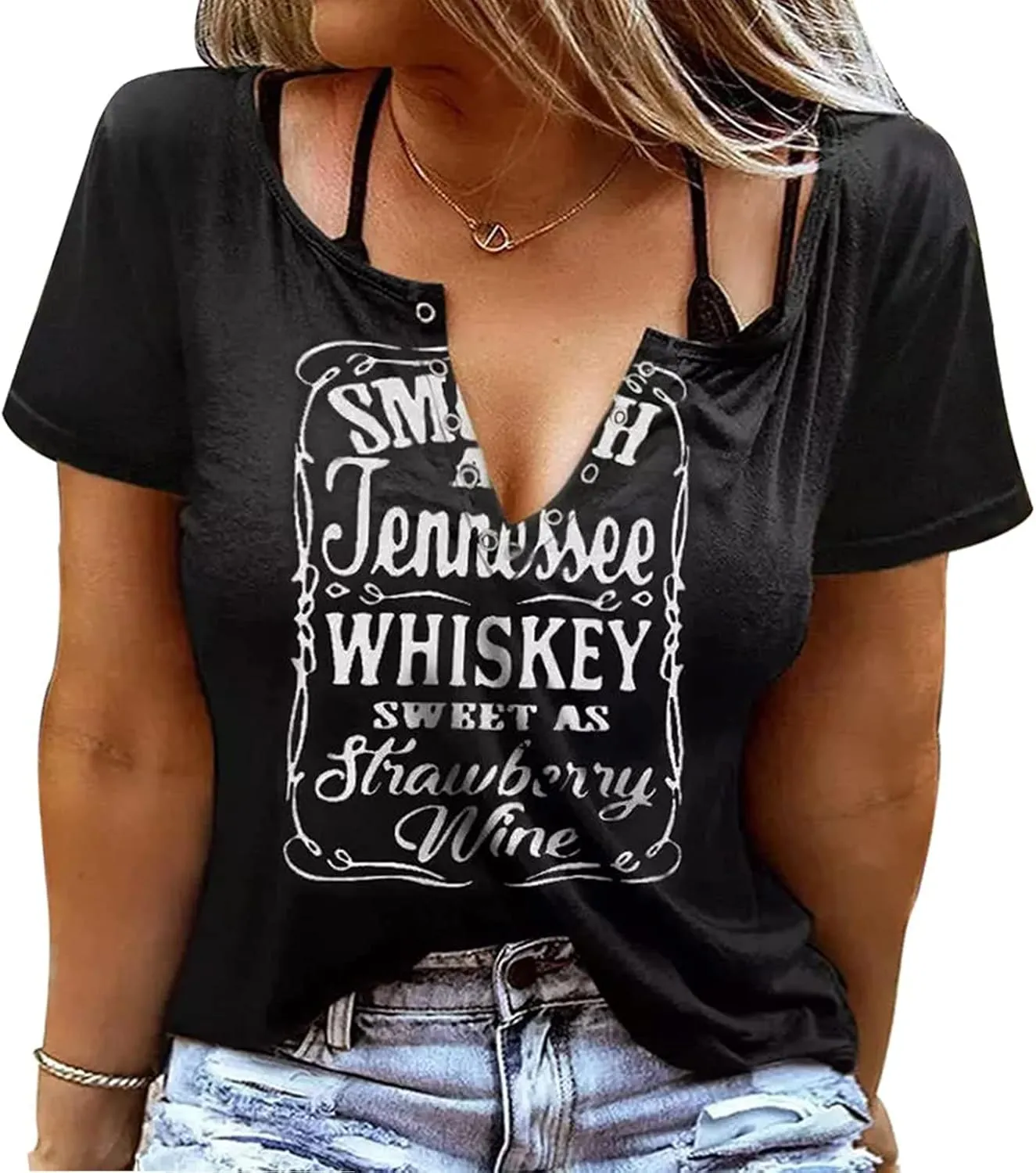 Plus Size Smooth As Tennessee Whiskey Sweet As Strawberry Wine Shirt Womens V-Neck T Shirts Country Music Short Sleeve Tees