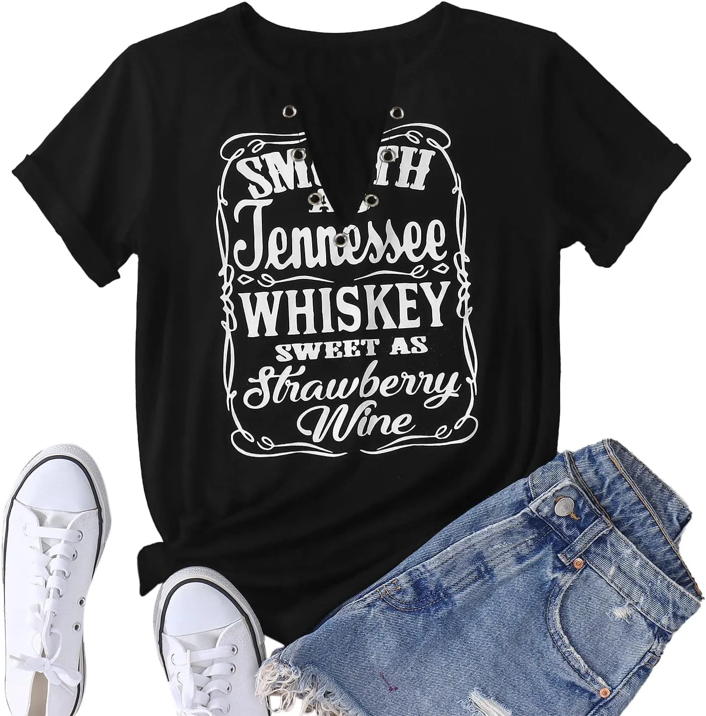 Plus Size Smooth As Tennessee Whiskey Sweet As Strawberry Wine Shirt Womens V-Neck T Shirts Country Music Short Sleeve Tees