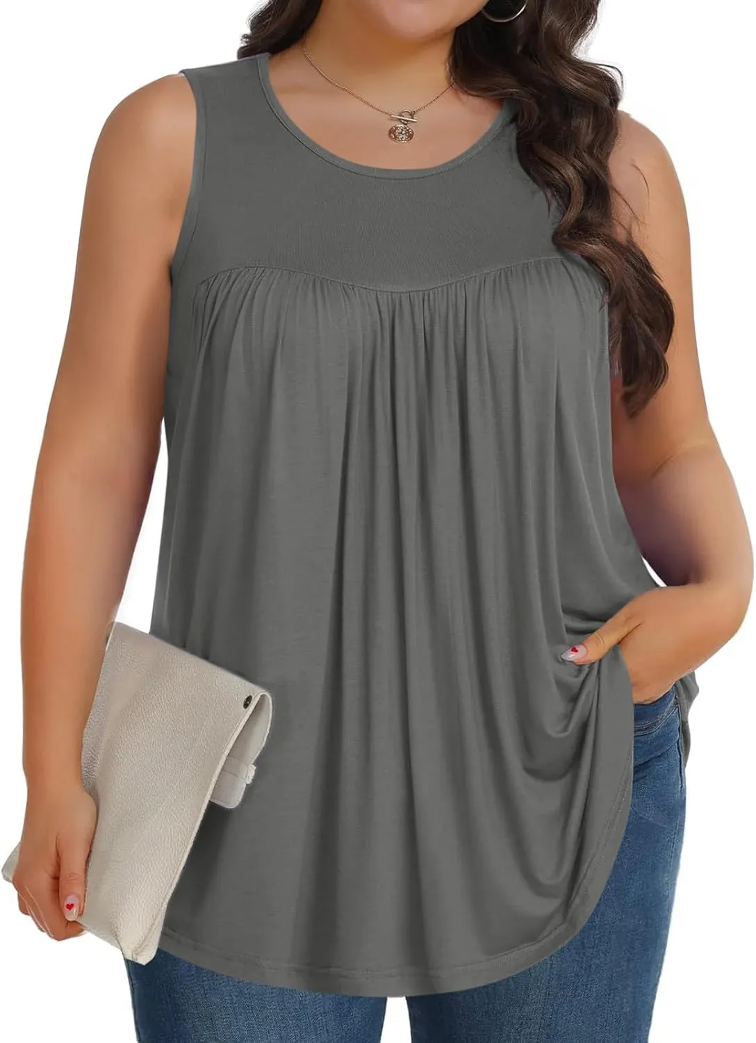 Plus Size Tank Tops Women Casual Summer Sleeveless Tee Round-Neck Pleated T Shirt Loose Flowy Shirts Blouses Tee L-5XL