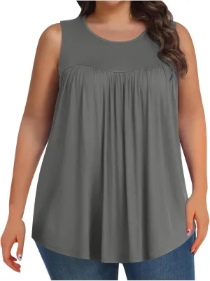Plus Size Tank Tops Women Casual Summer Sleeveless Tee Round-Neck Pleated T Shirt Loose Flowy Shirts Blouses Tee L-5XL