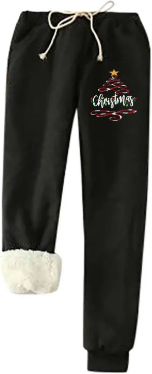 Plus Size Warm Pants for Women Christmas Sweatpants Fleece Lined Jogger Pants Xmas Tree Thermal Trousers Lounge Pants