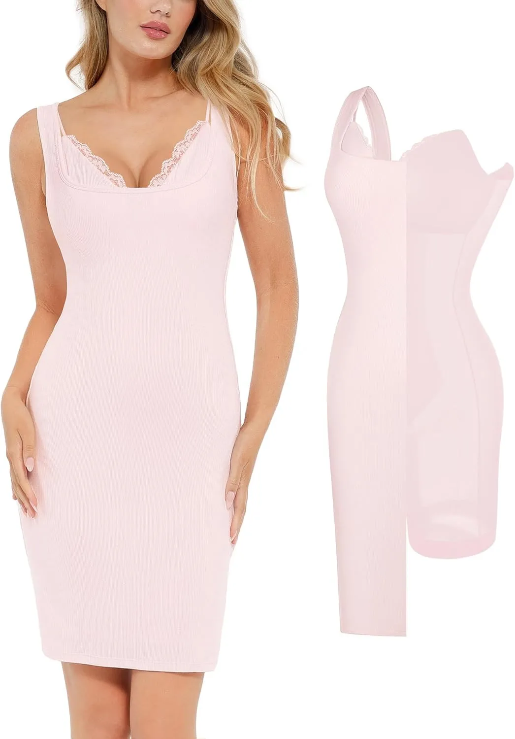 Popilush Cocktail Dresses for Women - Summer Lace Layered Bra Modal Midi Shapewear Dress Party Outfits