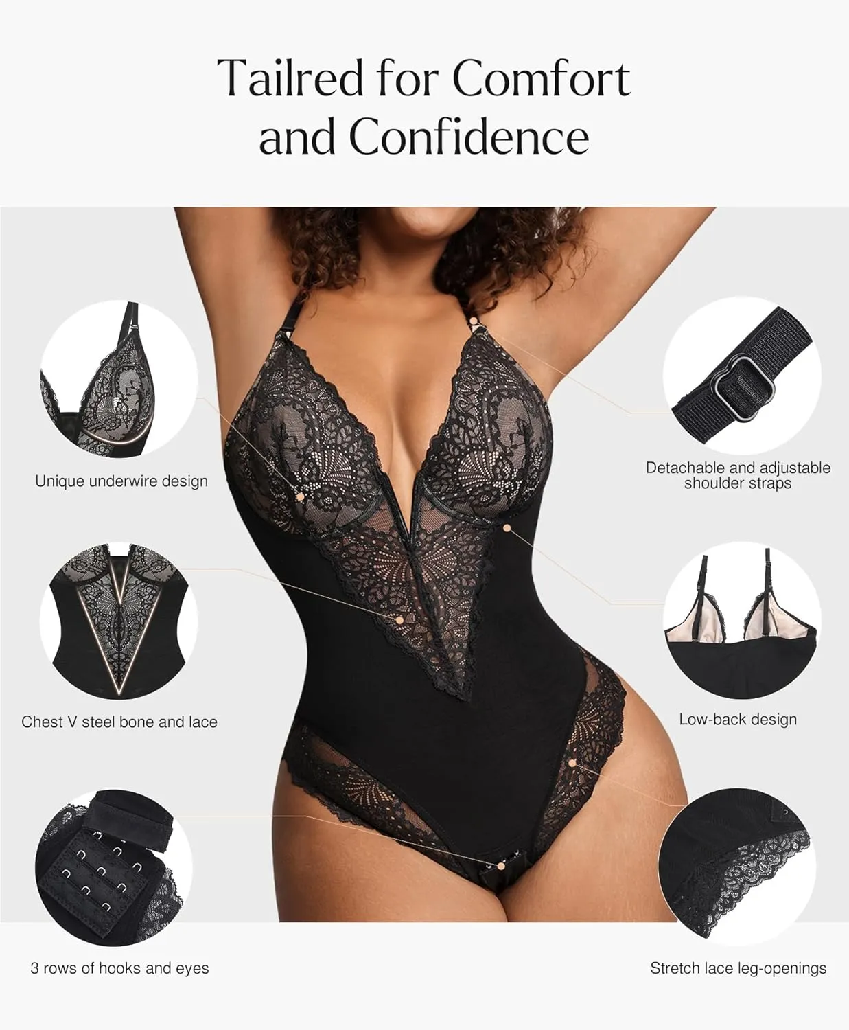 Popilush Lace Shapewear Bodysuit Tummy Control Corset Tops V Neck Sleeveless Backless Body Suit Thongs