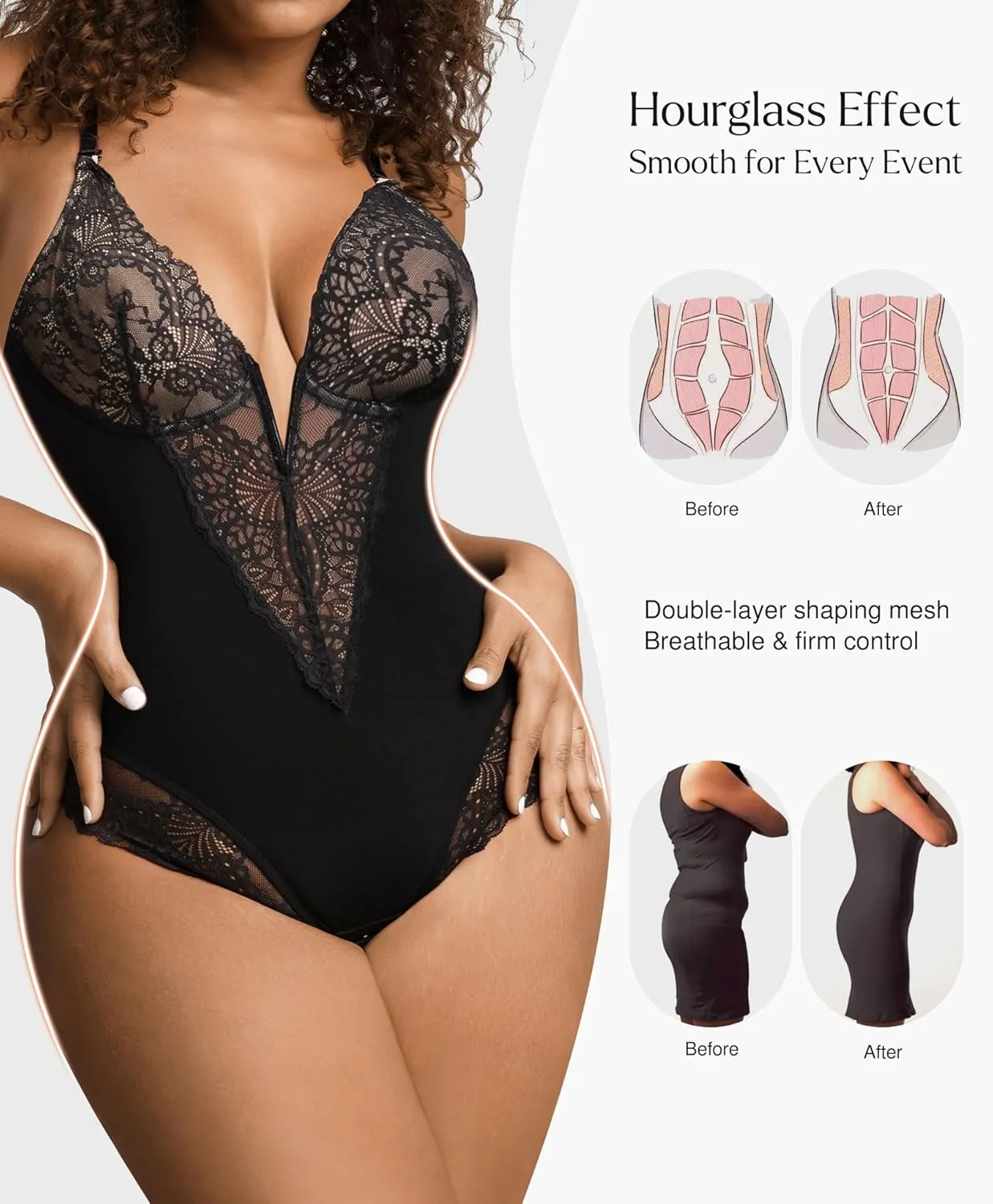Popilush Lace Shapewear Bodysuit Tummy Control Corset Tops V Neck Sleeveless Backless Body Suit Thongs