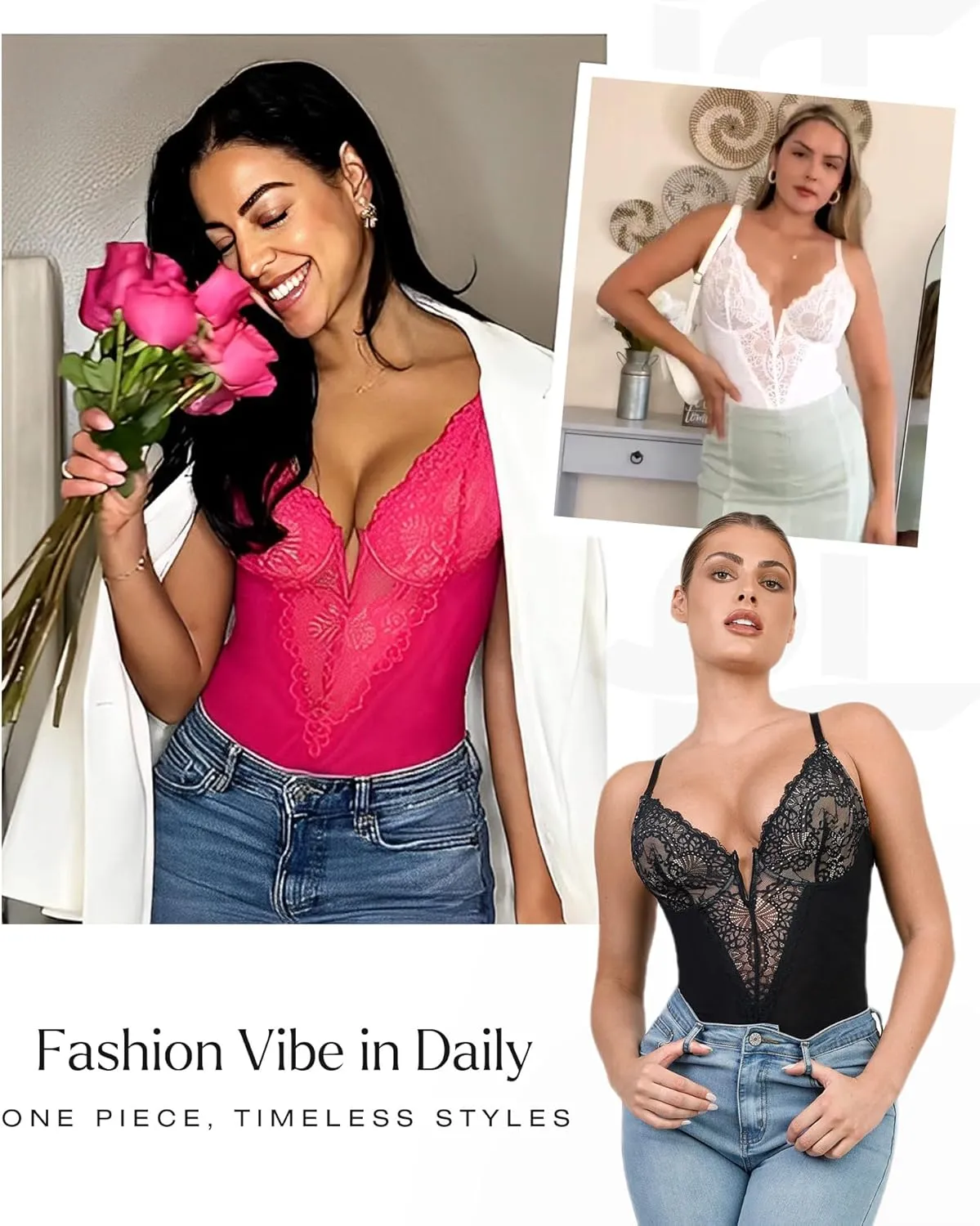 Popilush Lace Shapewear Bodysuit Tummy Control Corset Tops V Neck Sleeveless Backless Body Suit Thongs
