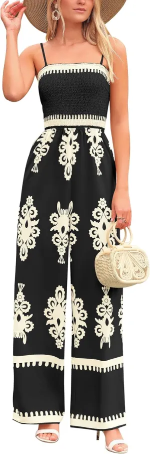 PRETTYGARDEN Jumpsuits for Women 2025 Summer One Piece Beach Vacation Outfits Spaghetti Strap Wide Leg Pants Rompers