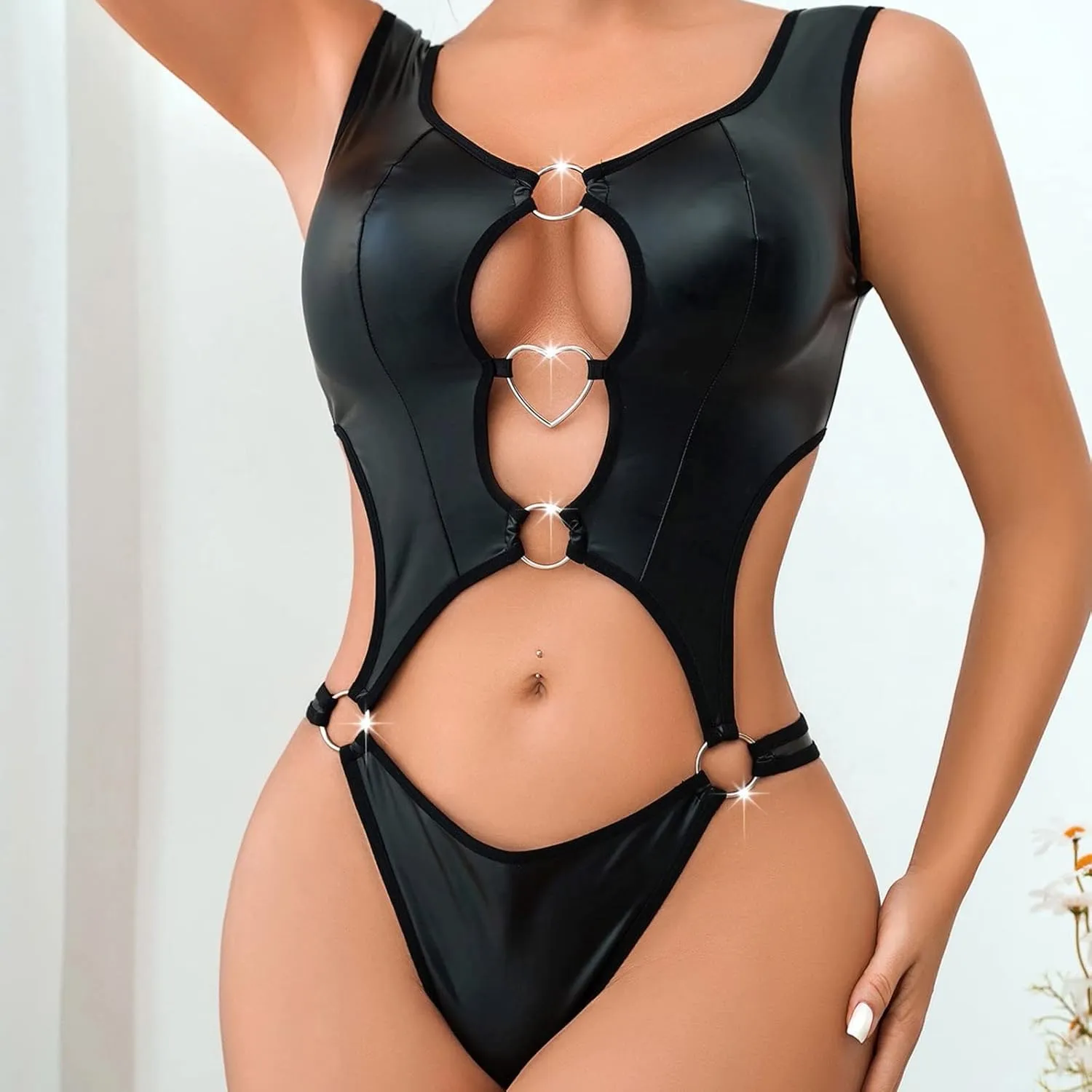 Pu Leather Lingerie Black Snap Crotch Bodysuit One Piece Leotard Halter Body Suit Top Valentines Day Lingerie Negligee