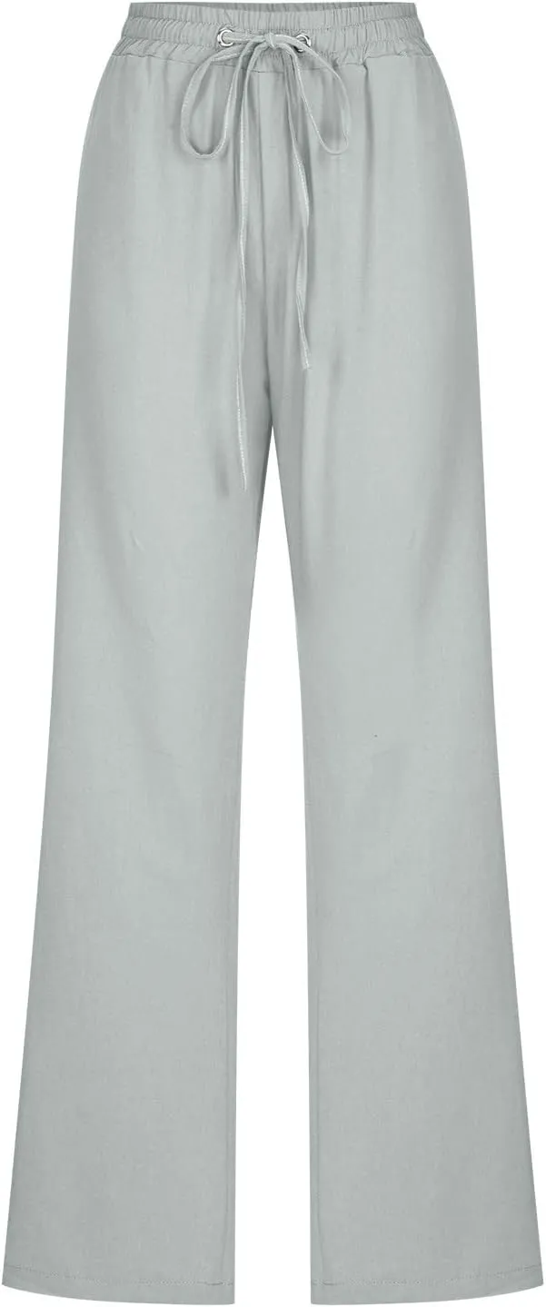 RKSTN High Waisted Wide Leg Pants for Women Casual Drawstring Elastic Trousers with Pockets Cotton Linen Long Pants