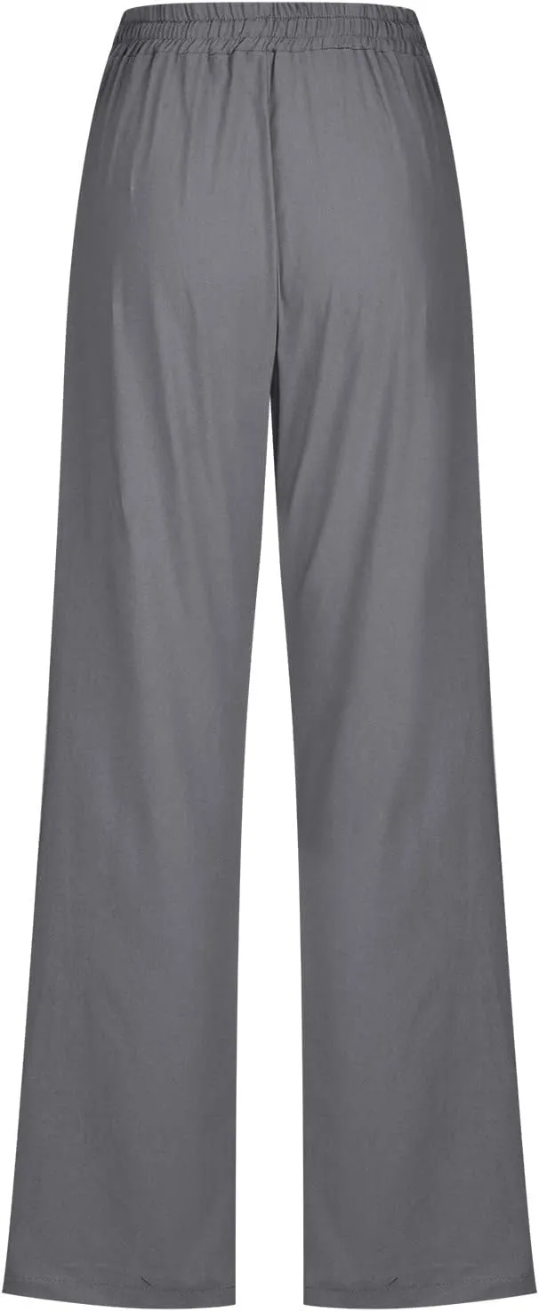 RKSTN High Waisted Wide Leg Pants for Women Casual Drawstring Elastic Trousers with Pockets Cotton Linen Long Pants