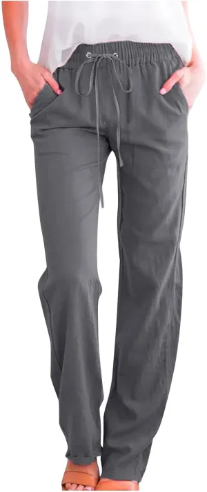 RKSTN High Waisted Wide Leg Pants for Women Casual Drawstring Elastic Trousers with Pockets Cotton Linen Long Pants