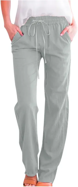 RKSTN High Waisted Wide Leg Pants for Women Casual Drawstring Elastic Trousers with Pockets Cotton Linen Long Pants