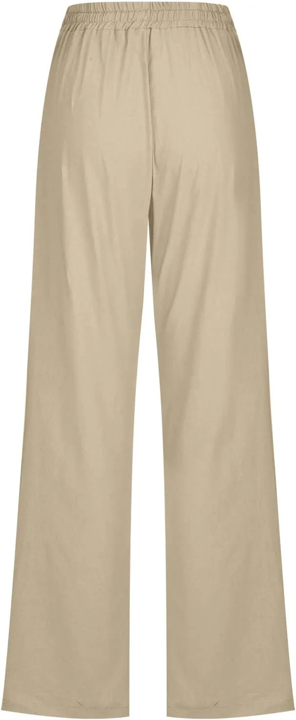 RKSTN High Waisted Wide Leg Pants for Women Casual Drawstring Elastic Trousers with Pockets Cotton Linen Long Pants