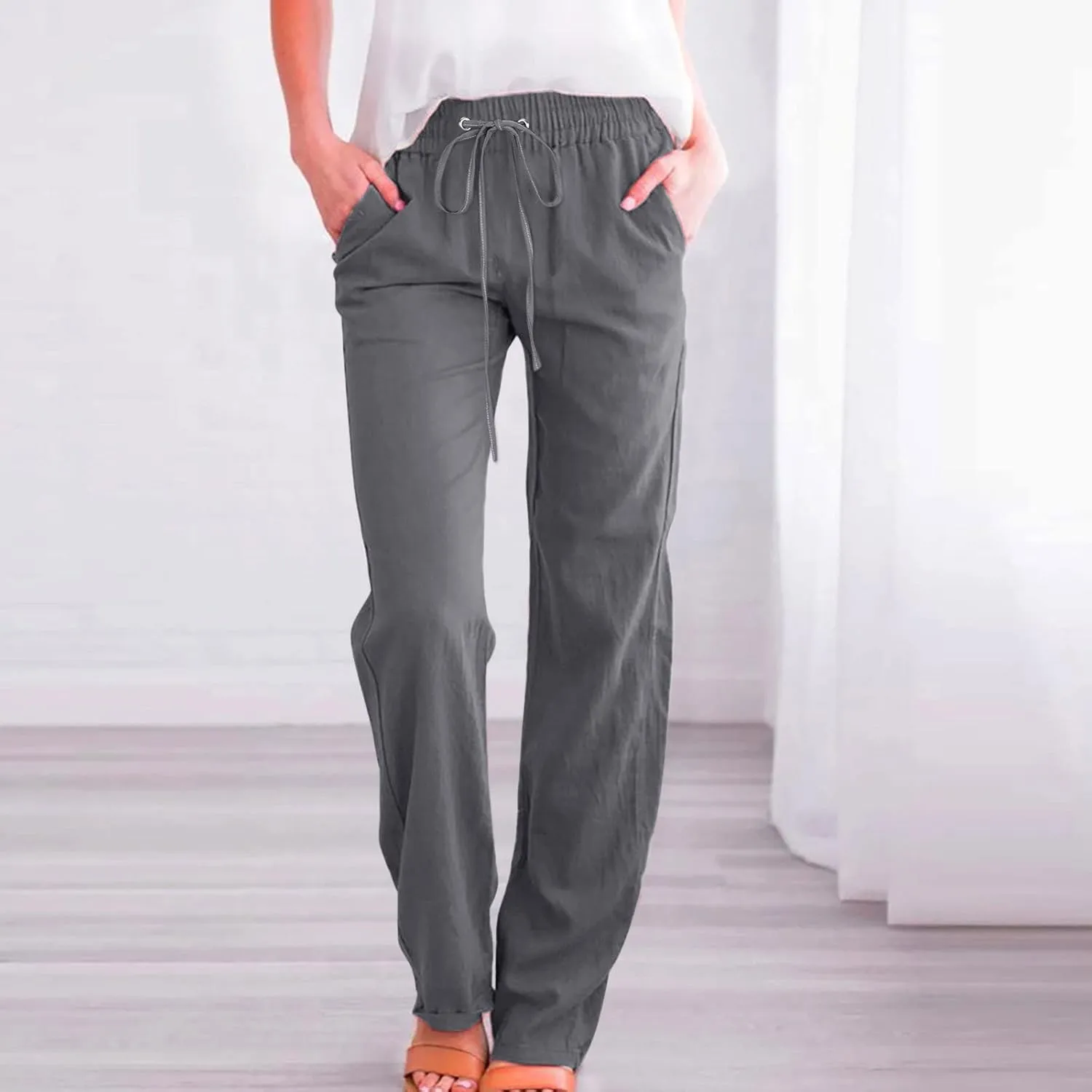 RKSTN High Waisted Wide Leg Pants for Women Casual Drawstring Elastic Trousers with Pockets Cotton Linen Long Pants