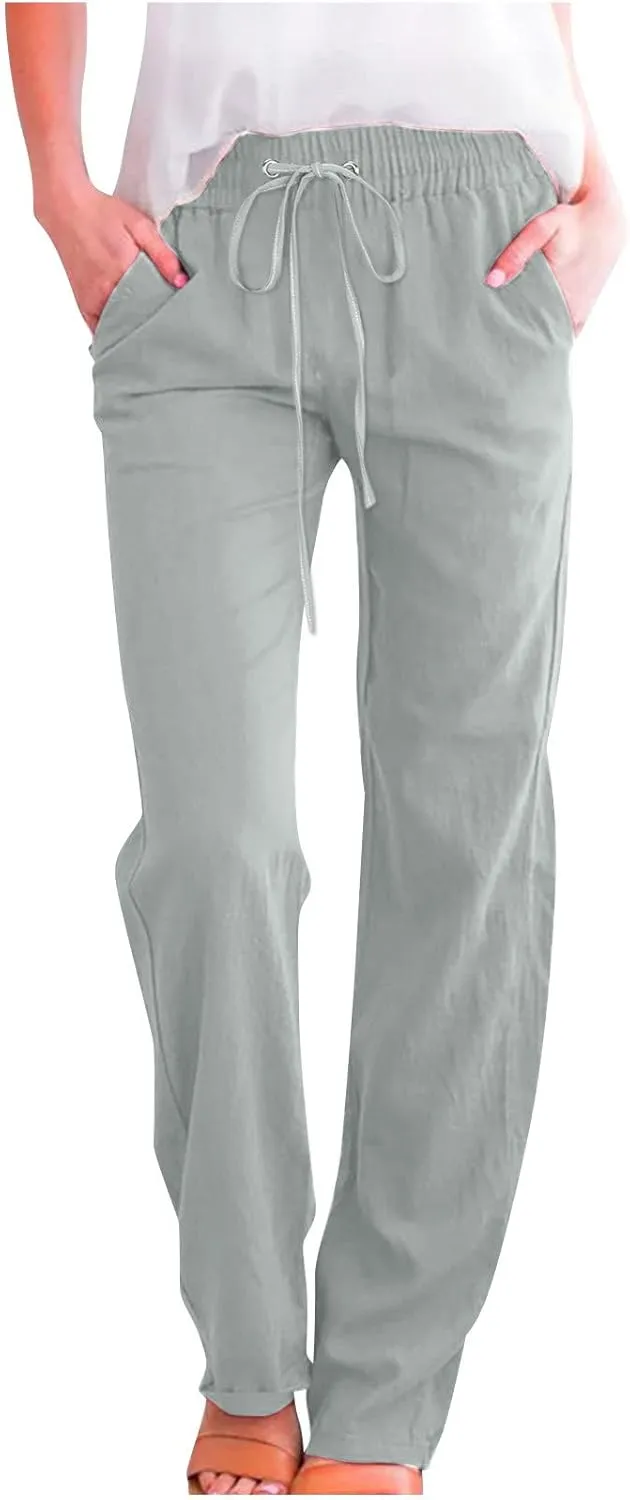 RKSTN High Waisted Wide Leg Pants for Women Casual Drawstring Elastic Trousers with Pockets Cotton Linen Long Pants