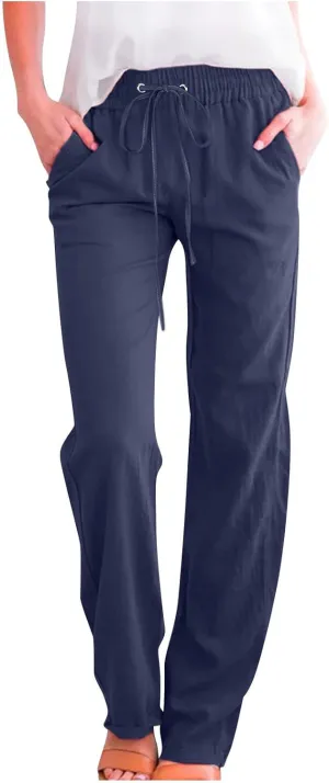 RKSTN High Waisted Wide Leg Pants for Women Casual Drawstring Elastic Trousers with Pockets Cotton Linen Long Pants