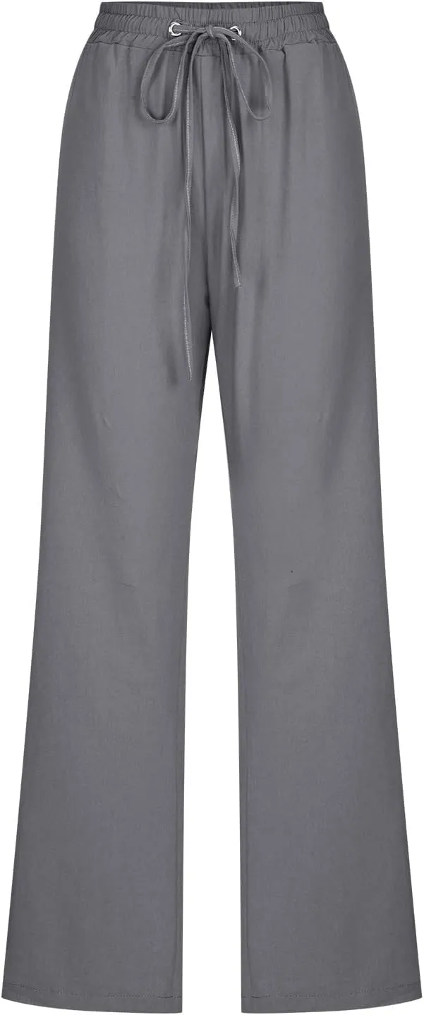 RKSTN High Waisted Wide Leg Pants for Women Casual Drawstring Elastic Trousers with Pockets Cotton Linen Long Pants