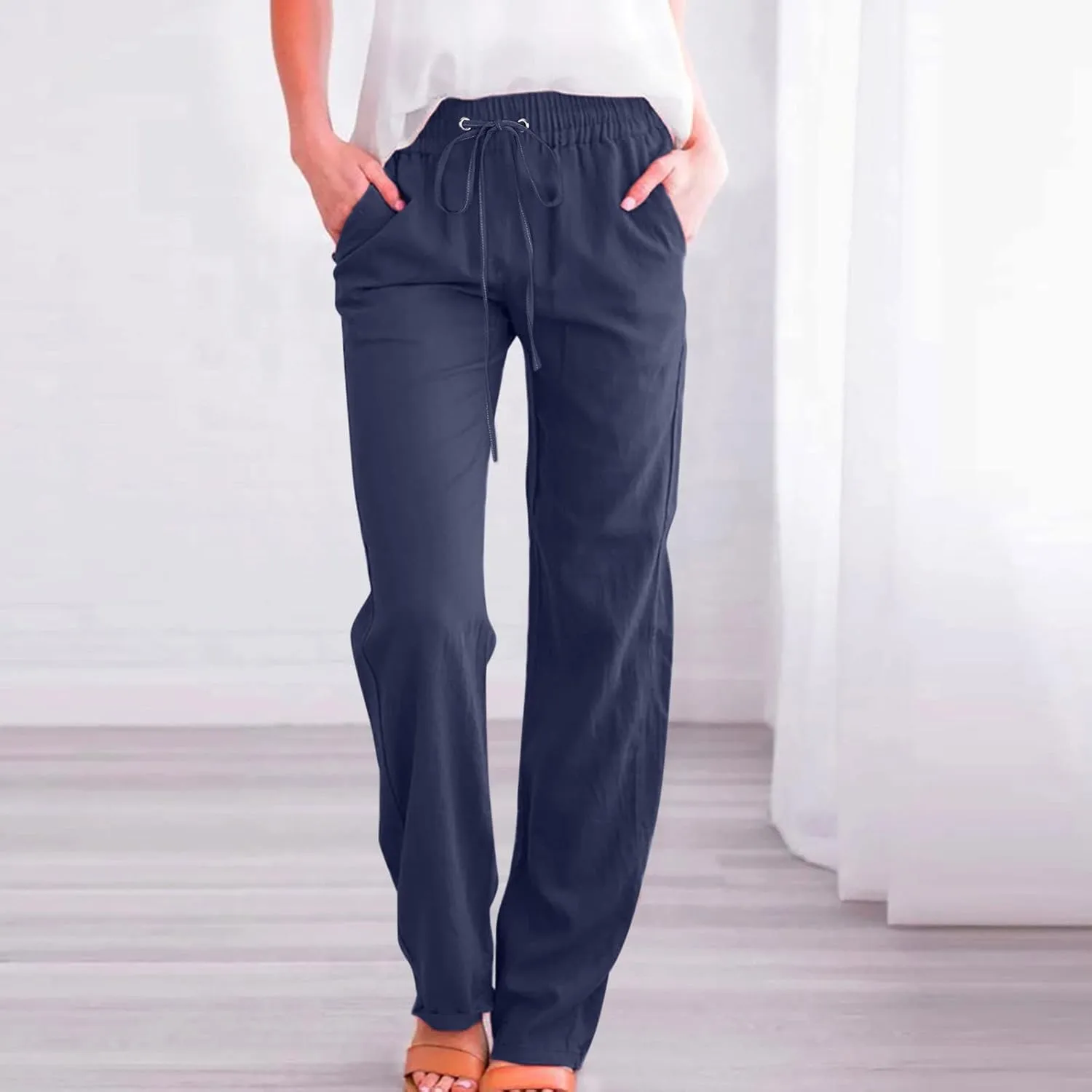 RKSTN High Waisted Wide Leg Pants for Women Casual Drawstring Elastic Trousers with Pockets Cotton Linen Long Pants