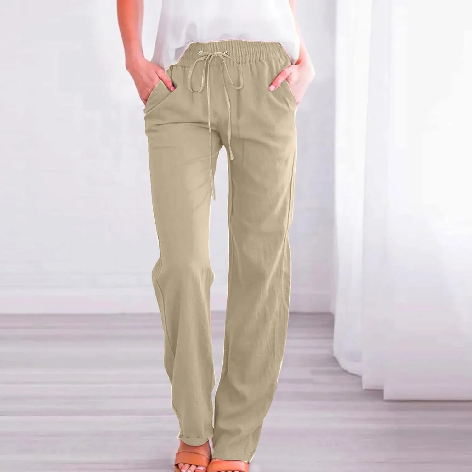 RKSTN High Waisted Wide Leg Pants for Women Casual Drawstring Elastic Trousers with Pockets Cotton Linen Long Pants