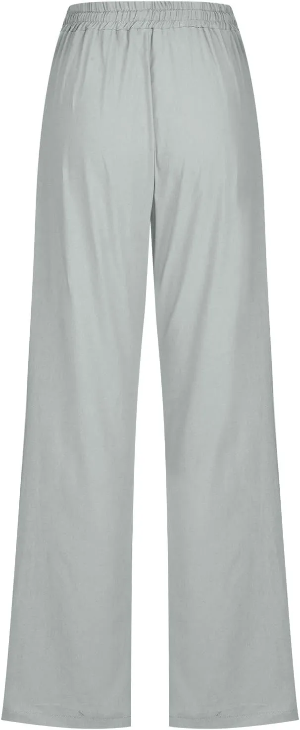 RKSTN High Waisted Wide Leg Pants for Women Casual Drawstring Elastic Trousers with Pockets Cotton Linen Long Pants