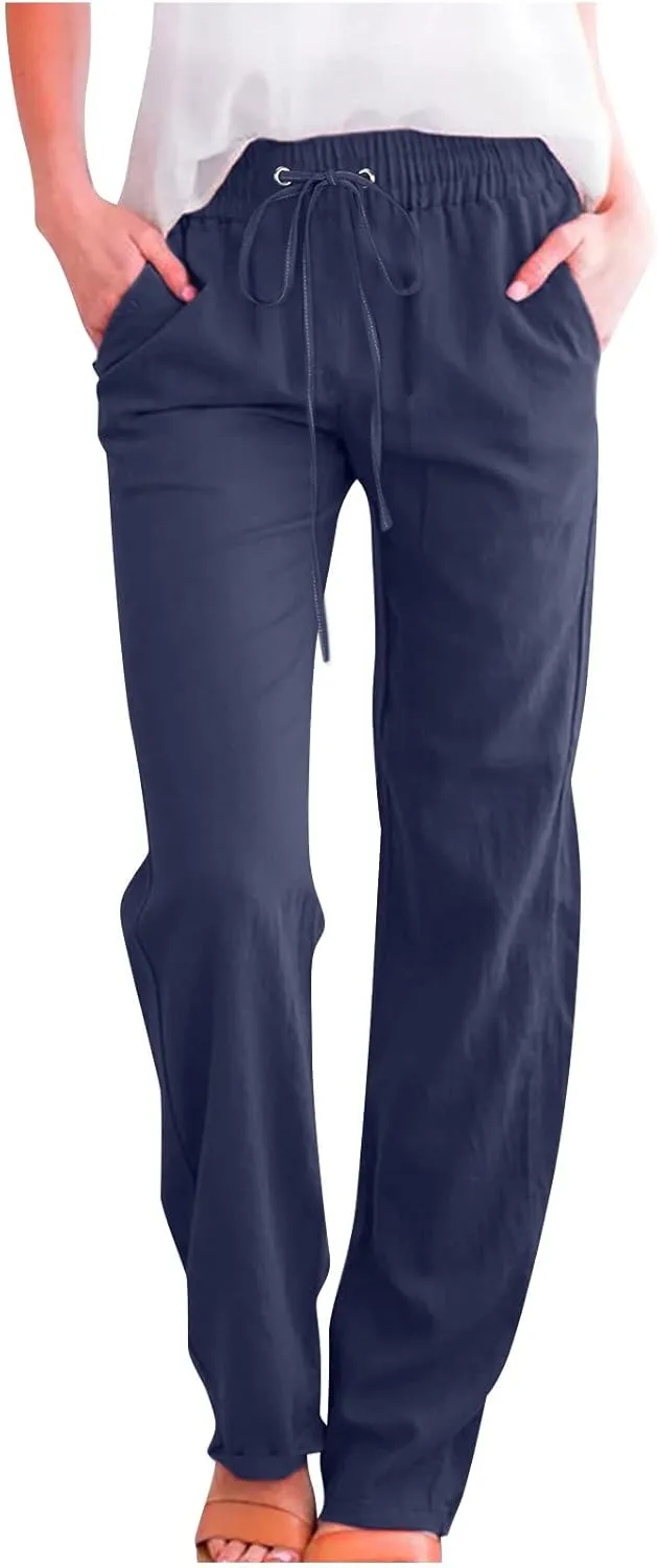 RKSTN High Waisted Wide Leg Pants for Women Casual Drawstring Elastic Trousers with Pockets Cotton Linen Long Pants