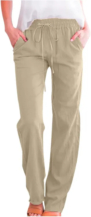 RKSTN High Waisted Wide Leg Pants for Women Casual Drawstring Elastic Trousers with Pockets Cotton Linen Long Pants