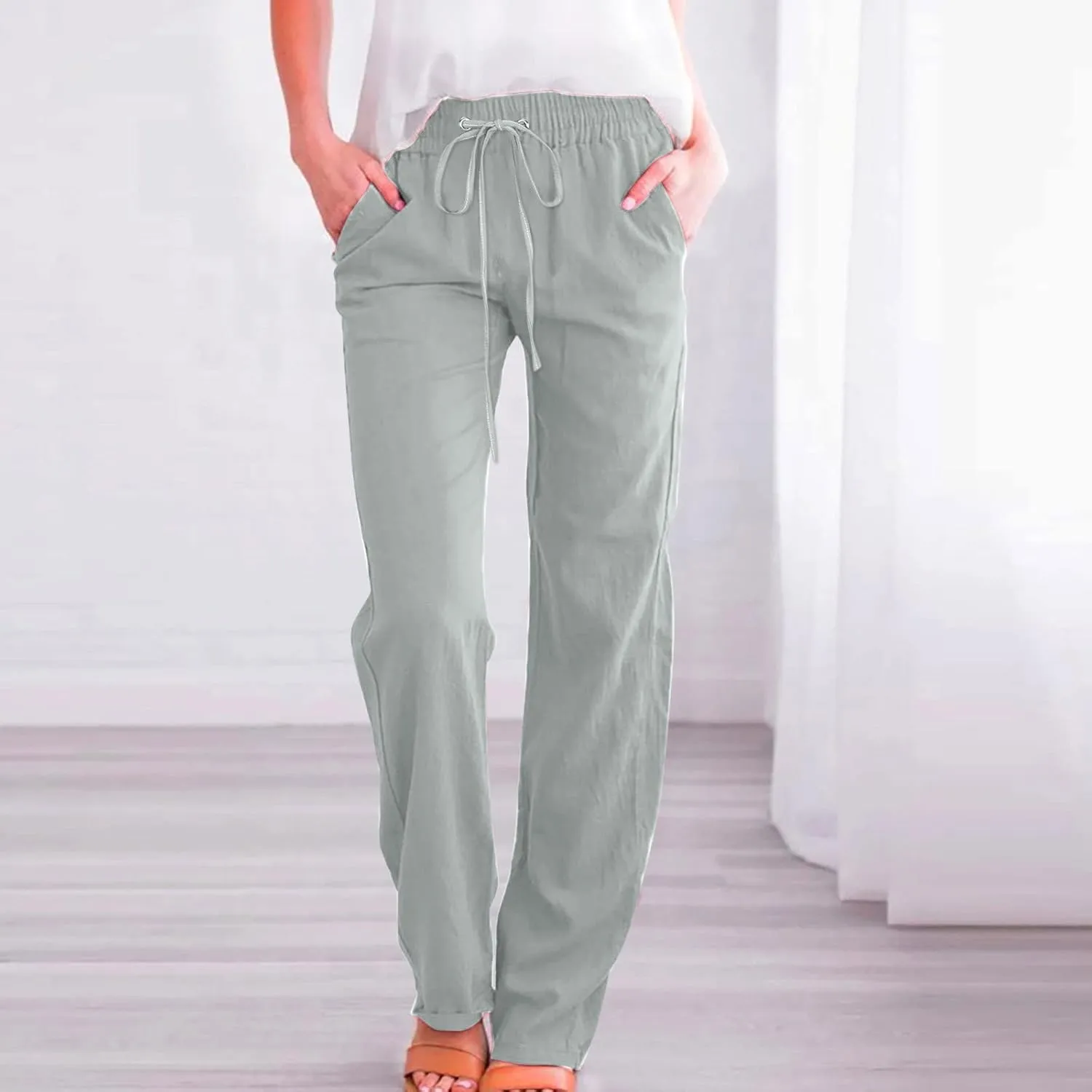 RKSTN High Waisted Wide Leg Pants for Women Casual Drawstring Elastic Trousers with Pockets Cotton Linen Long Pants