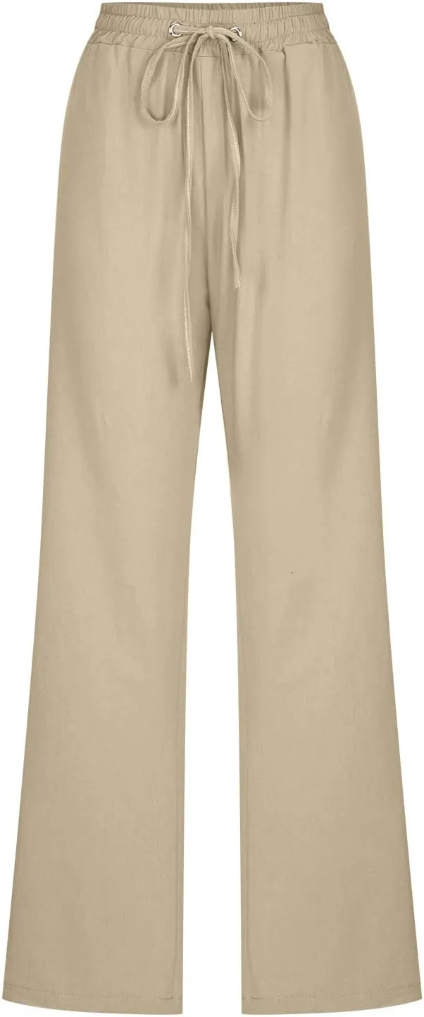 RKSTN High Waisted Wide Leg Pants for Women Casual Drawstring Elastic Trousers with Pockets Cotton Linen Long Pants