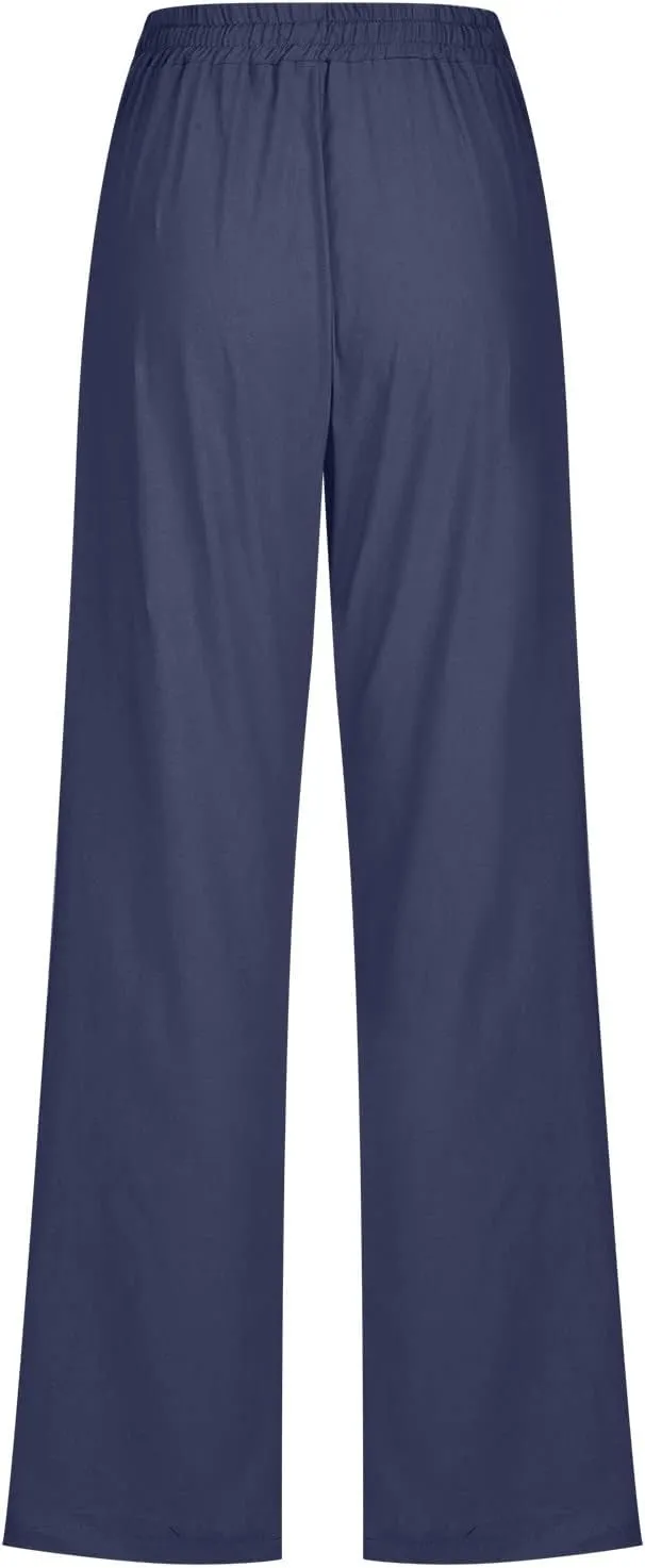 RKSTN High Waisted Wide Leg Pants for Women Casual Drawstring Elastic Trousers with Pockets Cotton Linen Long Pants