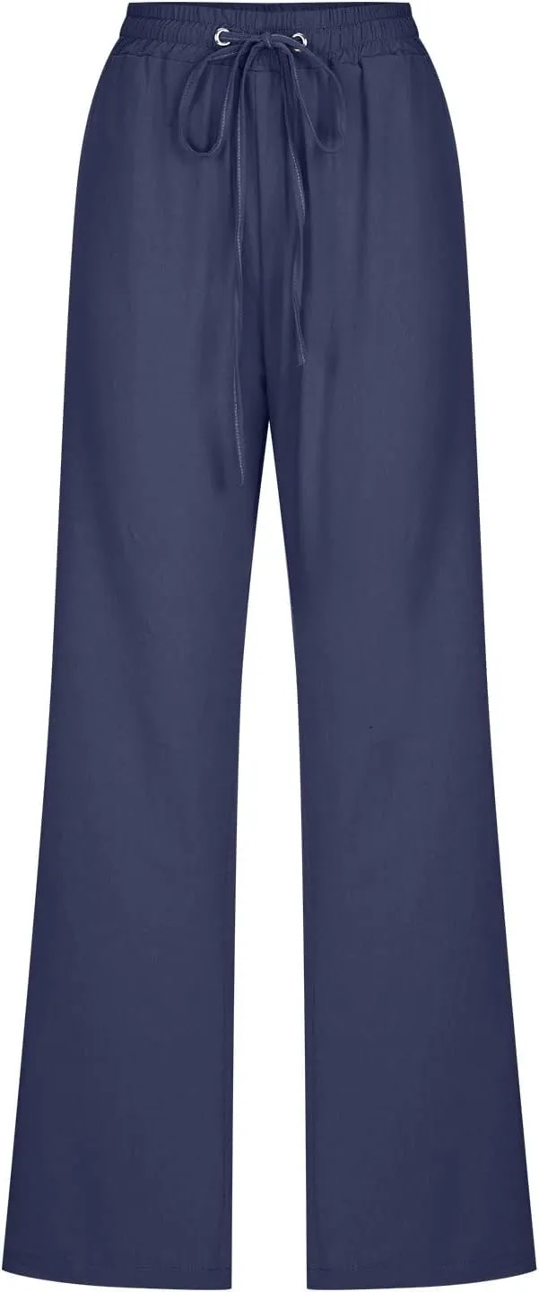 RKSTN High Waisted Wide Leg Pants for Women Casual Drawstring Elastic Trousers with Pockets Cotton Linen Long Pants