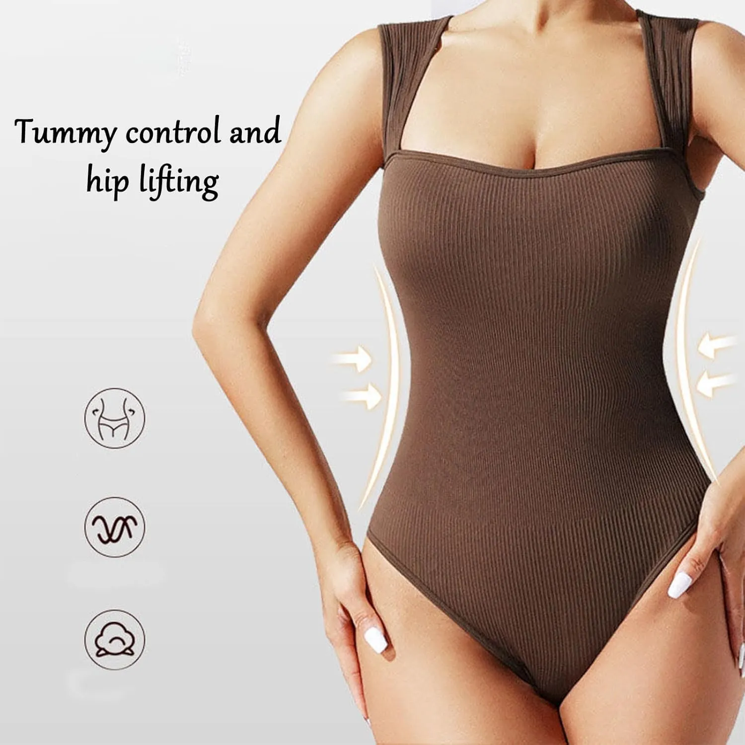 Roarrave Sleeveless Tummy Control Bodysuit, Sexy Square Neck Tank Top Butt Lifting Bodysuit for Women