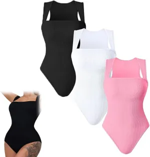 Roarrave Sleeveless Tummy Control Bodysuit, Sexy Square Neck Tank Top Butt Lifting Bodysuit for Women