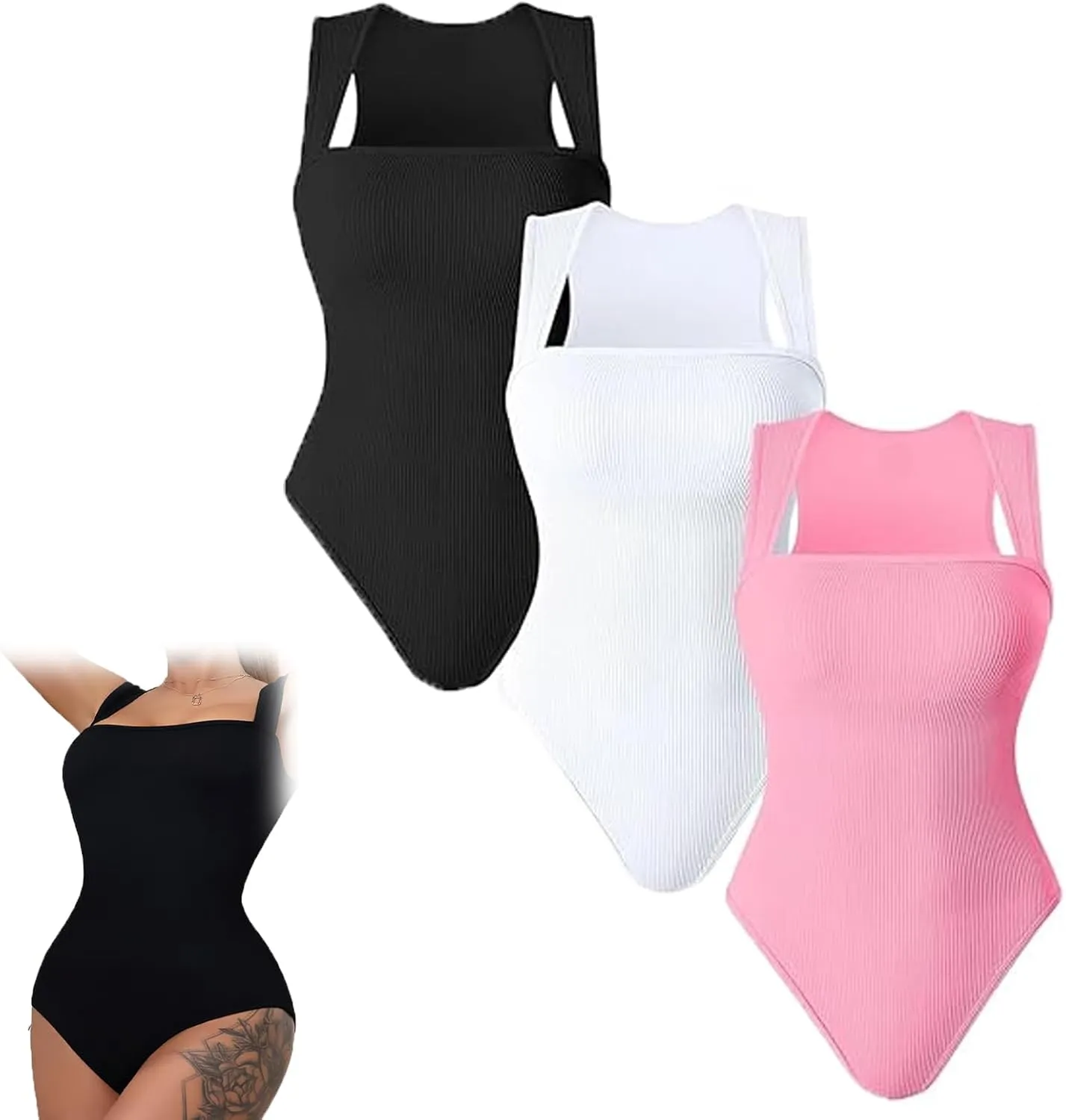 Roarrave Sleeveless Tummy Control Bodysuit, Sexy Square Neck Tank Top Butt Lifting Bodysuit for Women