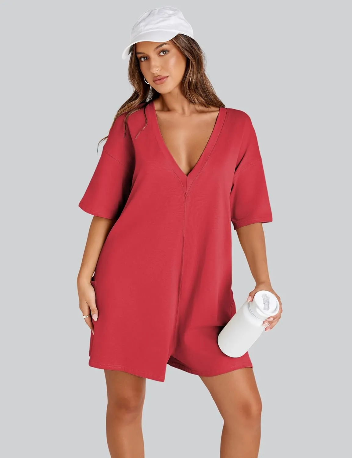 Rompers for Women Hot Shot Tee Romper Casual Short Sleeve Oversized Athletic Workout Reversible Jumpsuit with Pocket