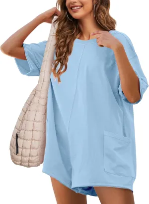 Rompers for Women Hot Shot Tee Romper Casual Short Sleeve Oversized Athletic Workout Reversible Jumpsuit with Pocket