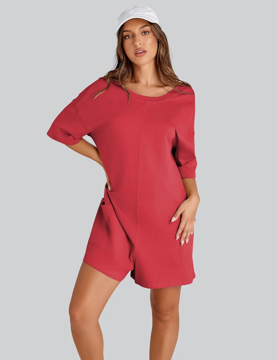 Rompers for Women Hot Shot Tee Romper Casual Short Sleeve Oversized Athletic Workout Reversible Jumpsuit with Pocket