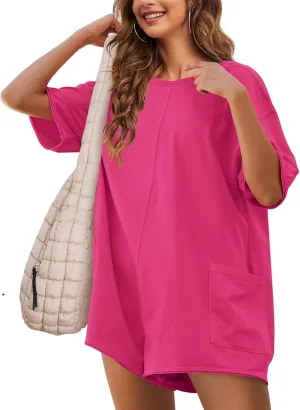 Rompers for Women Hot Shot Tee Romper Casual Short Sleeve Oversized Athletic Workout Reversible Jumpsuit with Pocket
