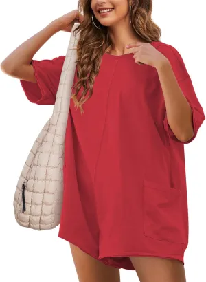 Rompers for Women Hot Shot Tee Romper Casual Short Sleeve Oversized Athletic Workout Reversible Jumpsuit with Pocket