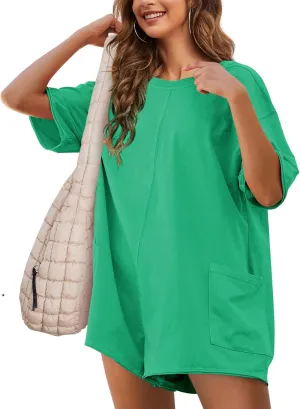 Rompers for Women Hot Shot Tee Romper Casual Short Sleeve Oversized Athletic Workout Reversible Jumpsuit with Pocket
