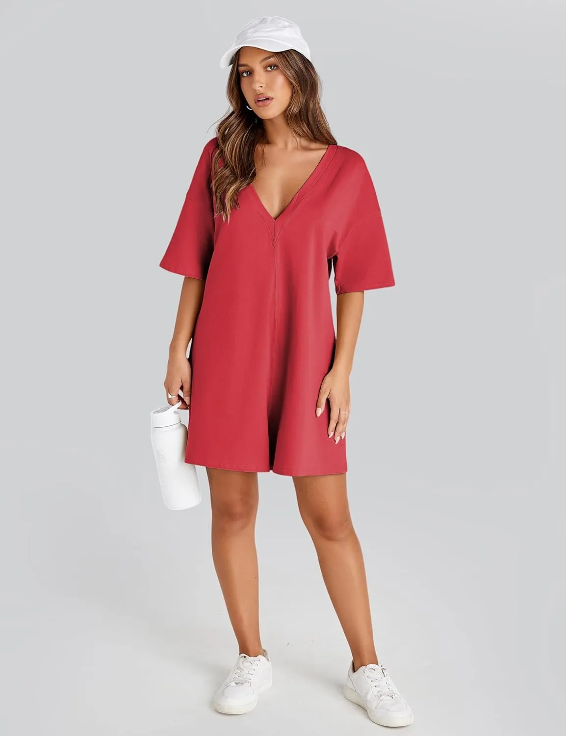 Rompers for Women Hot Shot Tee Romper Casual Short Sleeve Oversized Athletic Workout Reversible Jumpsuit with Pocket