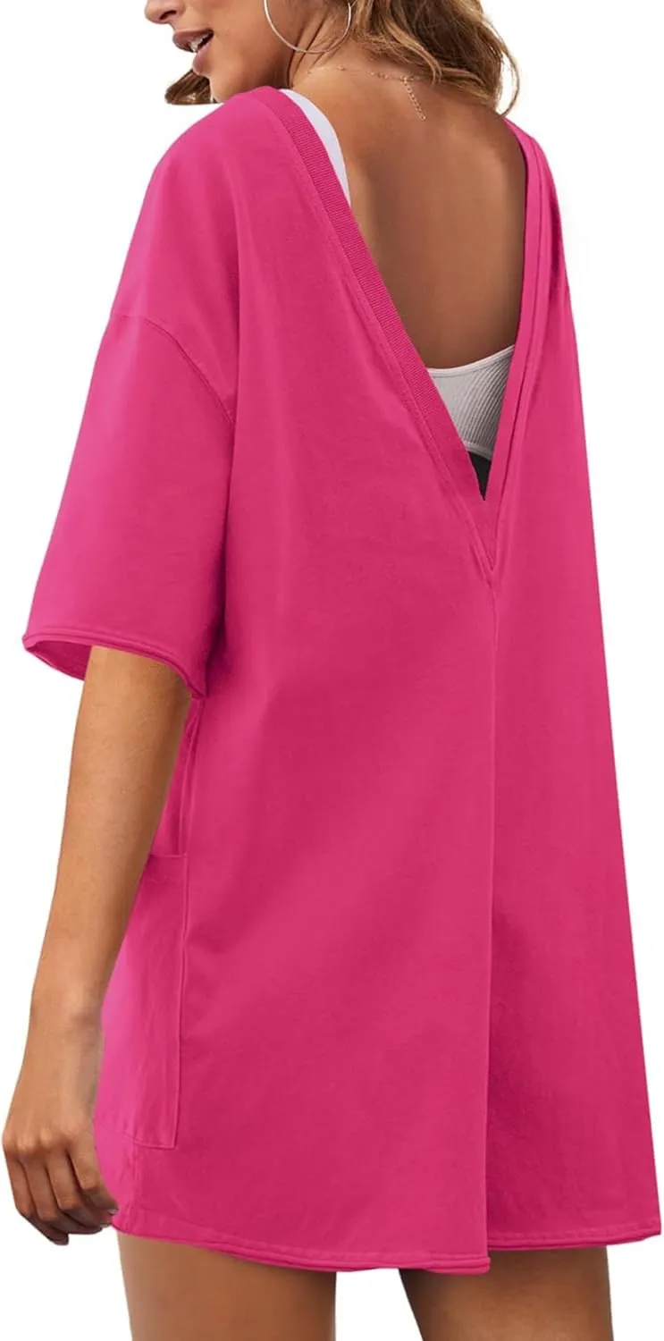 Rompers for Women Hot Shot Tee Romper Casual Short Sleeve Oversized Athletic Workout Reversible Jumpsuit with Pocket